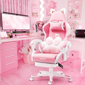 Cat Ears PU Leather Gaming Chair Ergonomic Adjustable Office Desk Computer Chairs for Gamers Adults Kids 360 Degree Swivel Recliner 45in Height, Pink