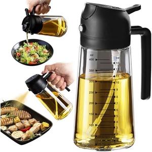 TrendPlain 16oz/470ml Glass Olive Oil Sprayer for Cooking – 2 in 1 Olive Oil Dispenser Bottle for Kitchen Gadgets and Air Fryer Accessories, Salad, BBQ - Black 2 Pack