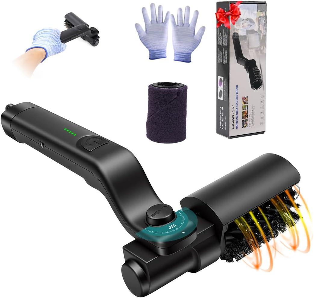 Automatic Electric Grill Cleaner - Rechargeable BBQ Brush w/Stainless Steel Head & Abrasive Replacement, Outdoor Grill Scraper Tool (Black)
