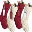 Mr. Pen- Personalized Christmas Stockings with Wooden Name Tags, Set of 4, 18" Red & Cream Cable Knit Stockings for Christmas
