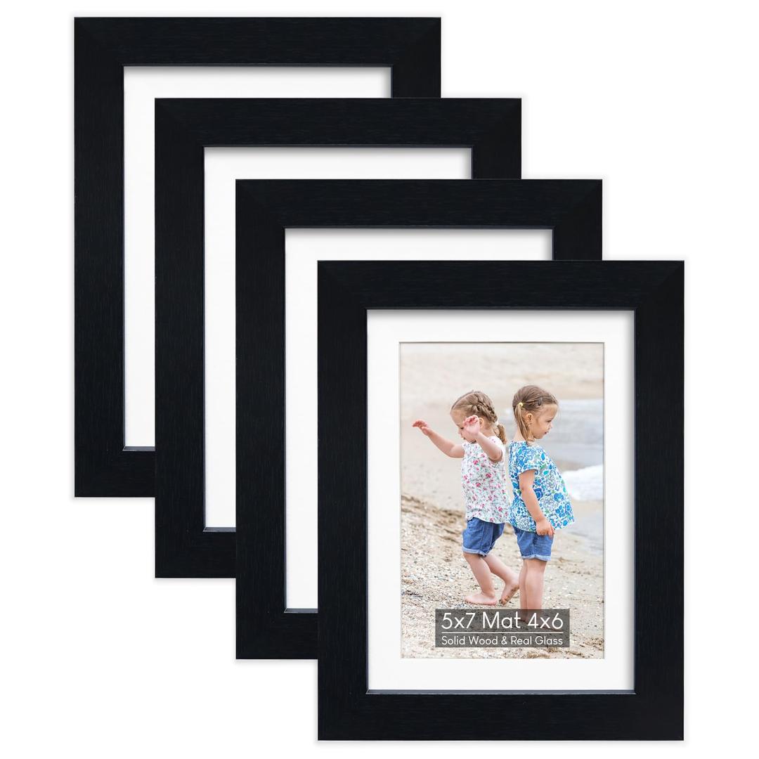 5x7 Picture Frame (4 Pack, Black) Made of Real Glass and Wooden Frame - Display Pictures 4x6 with Mat or 5x7 Without Mat, 5 by 7 Photo Frames TableTop Display and Wall Mounting, 1 Frame is Broken