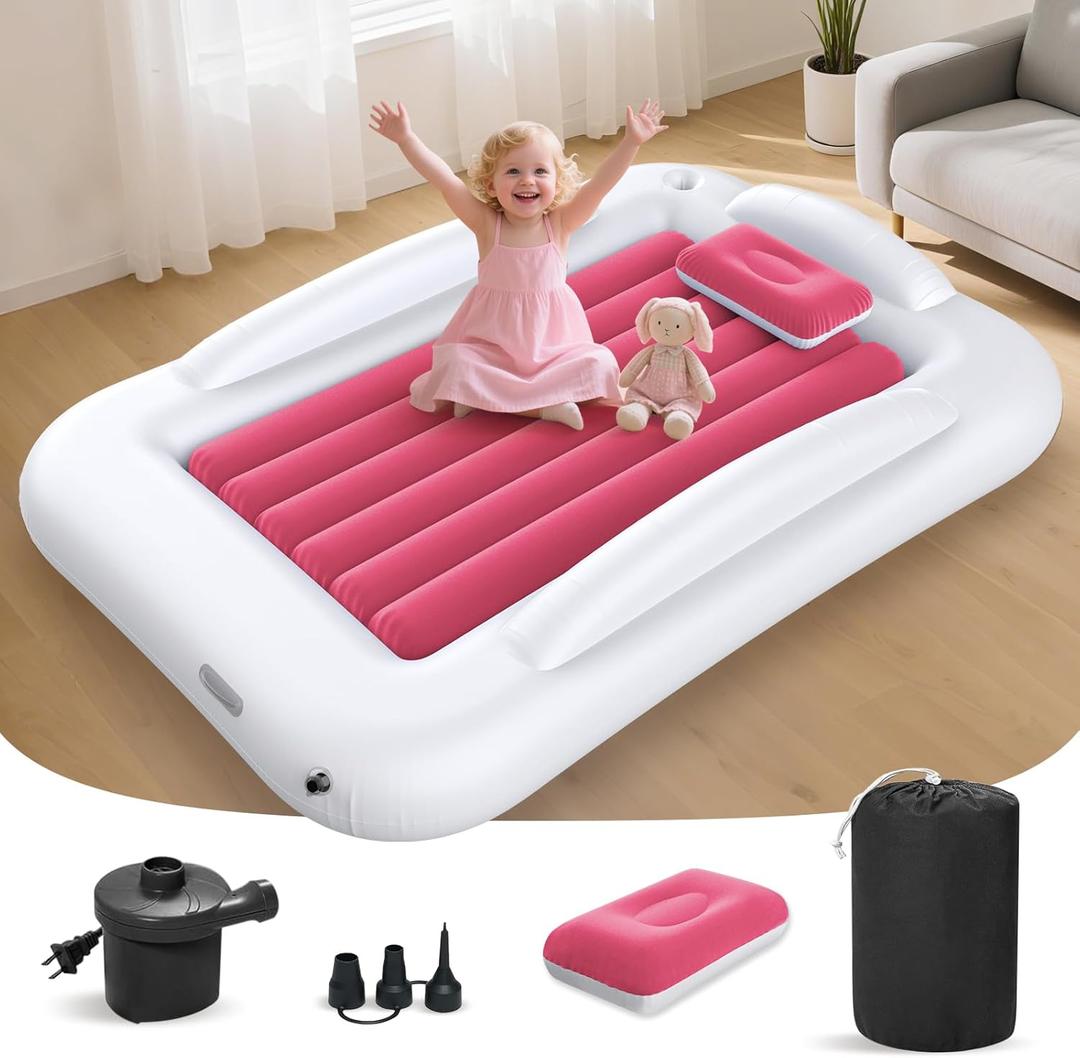 Inflatable Toddler Travel Bed - 53 Inches Portable Toddler Bed for Travel with Safety Sides - Cozy Kids Air Mattress Set with High-Speed Pump & Carry Case - Easy to Inflate(Light Pink)