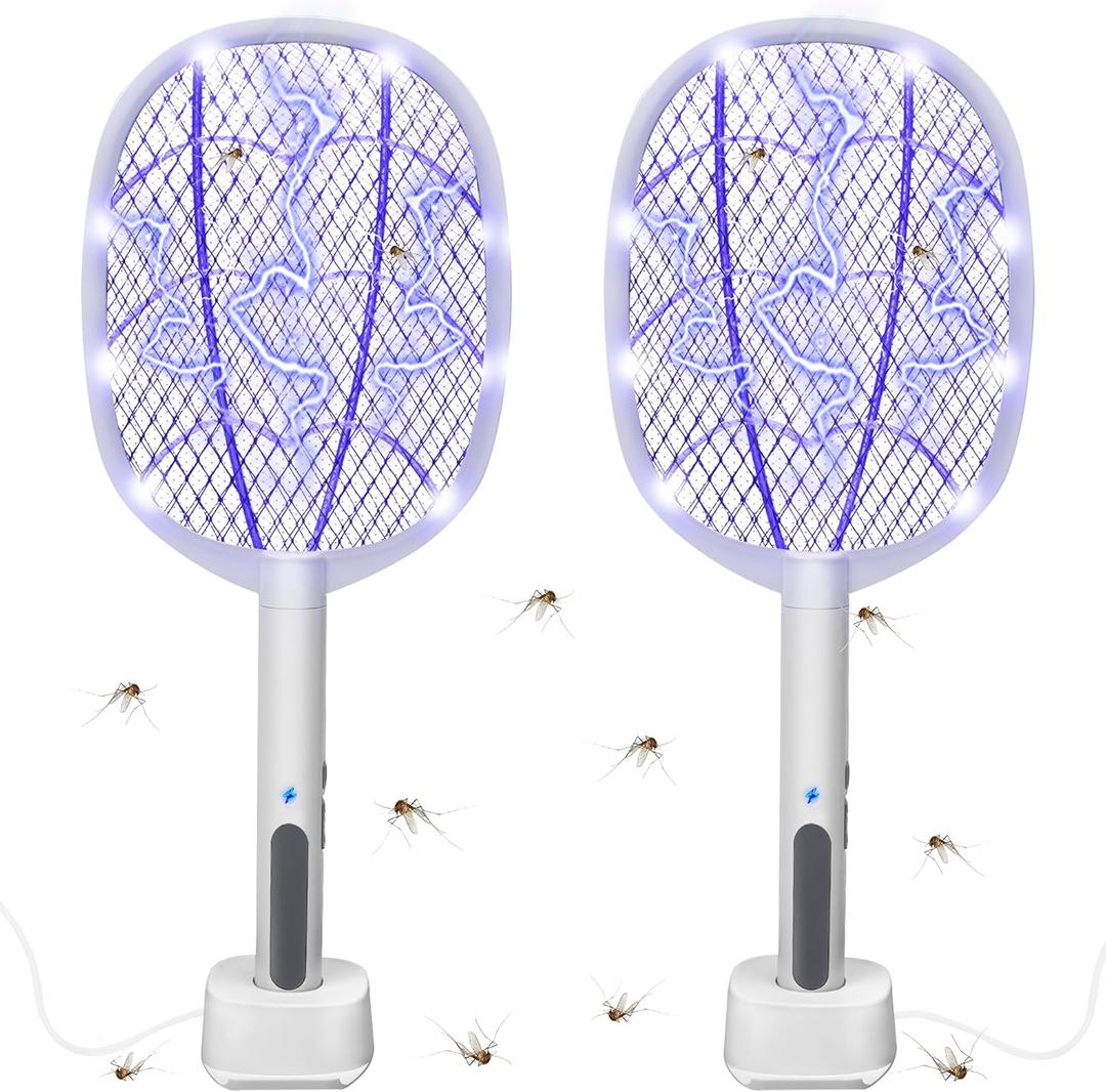 Electric Fly Swatter Rackets, 2-in-1 Handhold Bug Zapper with 3000V High Voltage, Plug-in Mosquito Killer Insect Light Trap with 3 Layer Safety Mesh Portable for Indoor Outdoor Use (2)