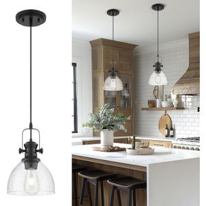 Black Pendant Lights Kitchen Island, 7.5" Farmhouse Pendant Lighting with Clear Seeded Glass Shade, Vintage Hanging Light Fixtures for Dining Room, AD-22151-1P-BK