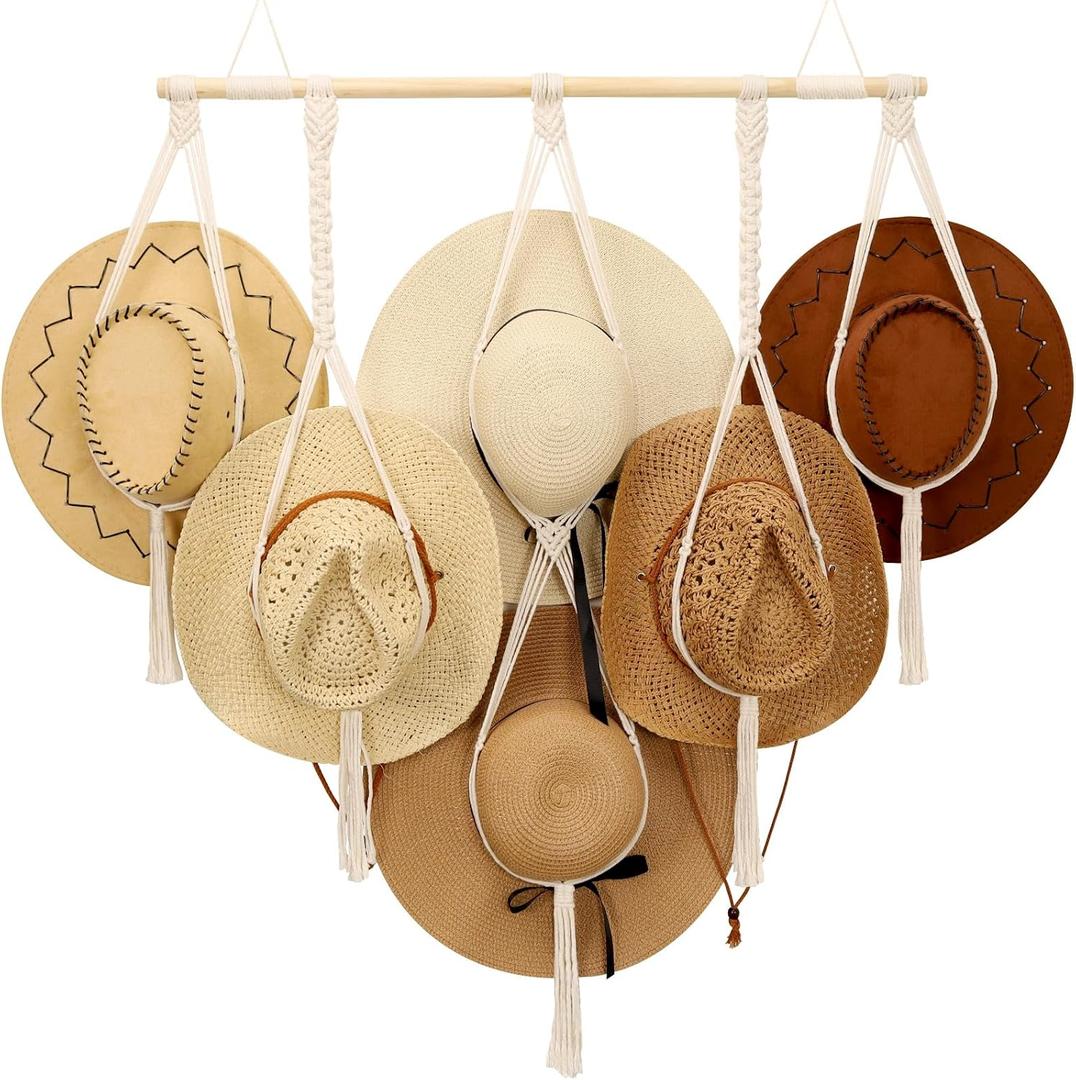 ZYP Macrame Hat Hanger Boho Hat Rack for Wall Hat Holder Display Organizer Bobo Hanging Hat Organizer Storage for Wide Brim Hats
