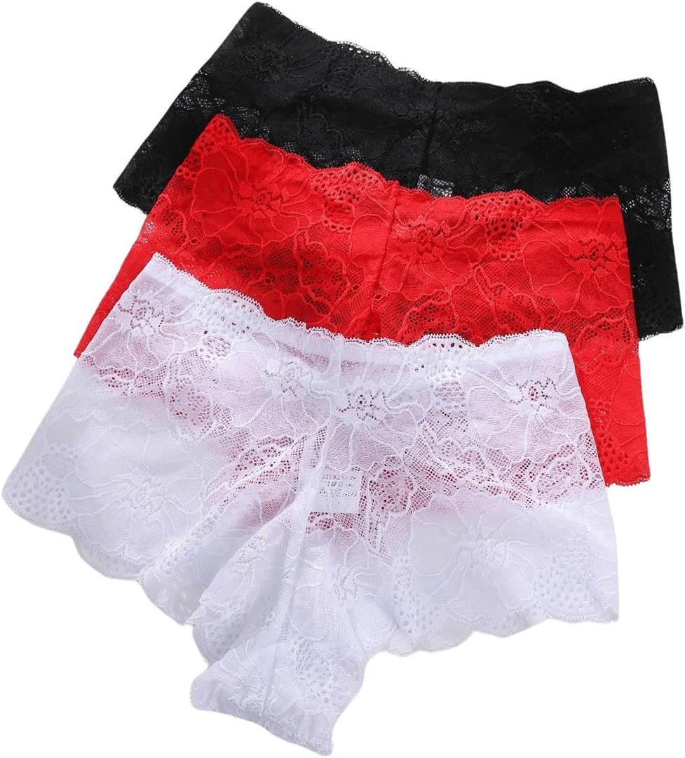WDIRARA Women's 3 Pack Sexy Floral Lace Mesh Mid Rise Underwear Panty Set (S)