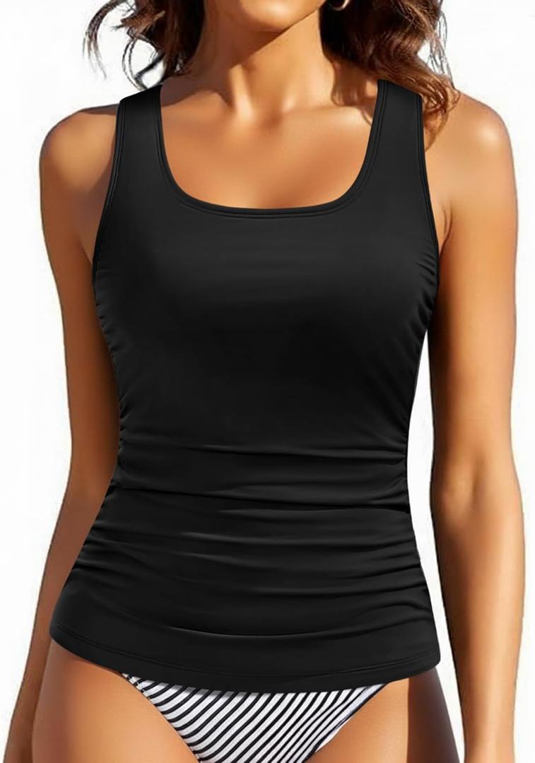 Women Tankini Top Only - Tummy Control Bathing Suit Full Coverage Back Swimwear Swim Tank Top No Bottom 2025 (Large, Black)
