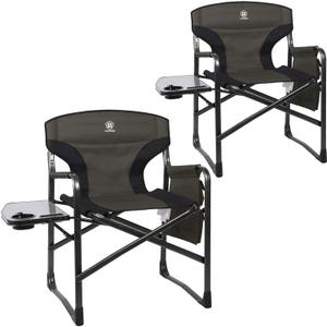 EVER ADVANCED Aluminum Lightweight Folding Director Chair, 350lbs Heavy Duty Camping Chair with Side Table & Storage, 19" Joint-Friendly Height Easy to Stand, Portable Makeup Artist & Vendor Chair (Dark Green)