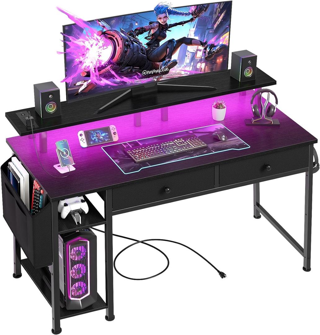 DLisiting Black Gaming Desk with Shelves and Drawers - 39 Inch Small Gaming Desk with Storage Shelves for Boys Teens Bedroom, Black Computer Desks with Drawers, Monitor Stand, Power Outlet