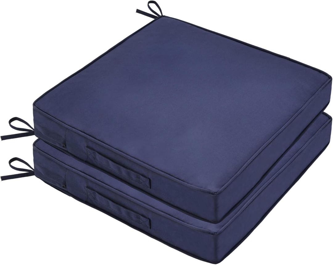 Patio Chair Cushions Waterproof Outdoor Seat Cushions for Patio Furniture 3-Year Color Fastness Garden Sofa Couch Adjustable Straps 2Pcs (Navy Blue, 19 x 19 x 3 in)