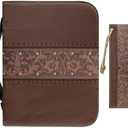 Chicprint Vintage Flower Bible Bag with Bookmark Pu Leather Bible Covers for Women Men Large Study Bible Holder Case with Inner Pockets Handle Brown