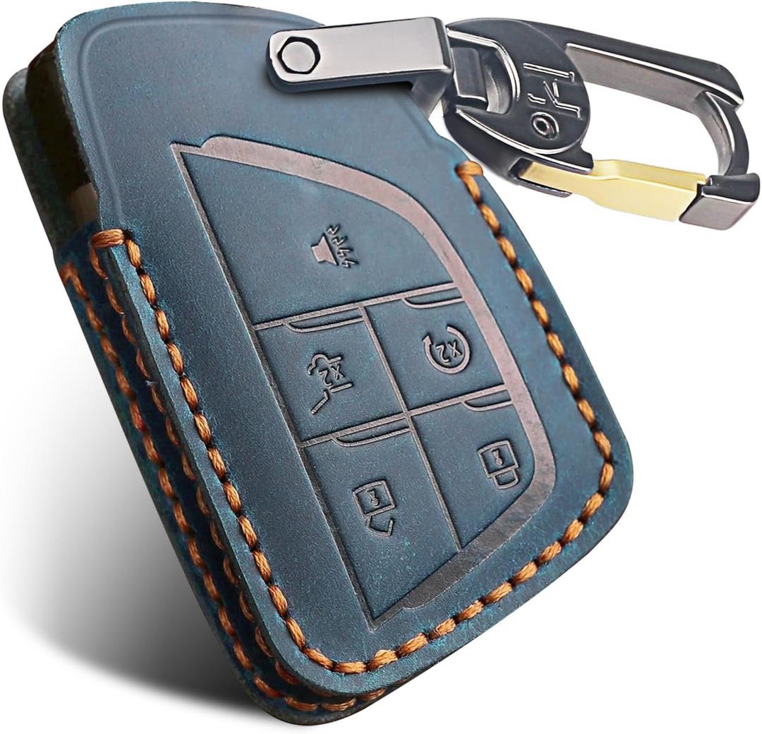 Genuine Leather Key Fob Cover for Chevy, Smart Fob Cover Case Compatible with 2021/2022/2023/2024/2025 GMC Yukon Denali Sierra Chevrolet Tahoe Suburban Silverado Buick (Blue, 5 Button)