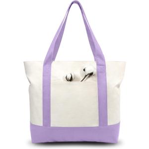 TOPDesign 6-Pack Canvas Tote Bags with an External Pocket, Reusable Grocery Shopping Bags, Top Zipper Closure, Daily Essentials (Lavender/Natural)