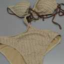 OYOANGLE Women's Ring Linked Cut Out One Piece Swimsuits Textured Tie Backless Halter Bathing Suit Monokini (Khaki, Large)