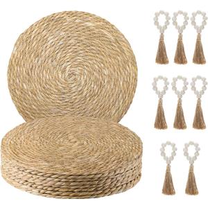 Woven Placemats Set of 8, 13.8" Natural Water Hyacinth Round Rattan Placemats with Wooden Beads Napkin Rings for Kitchen Dining Table Decor
