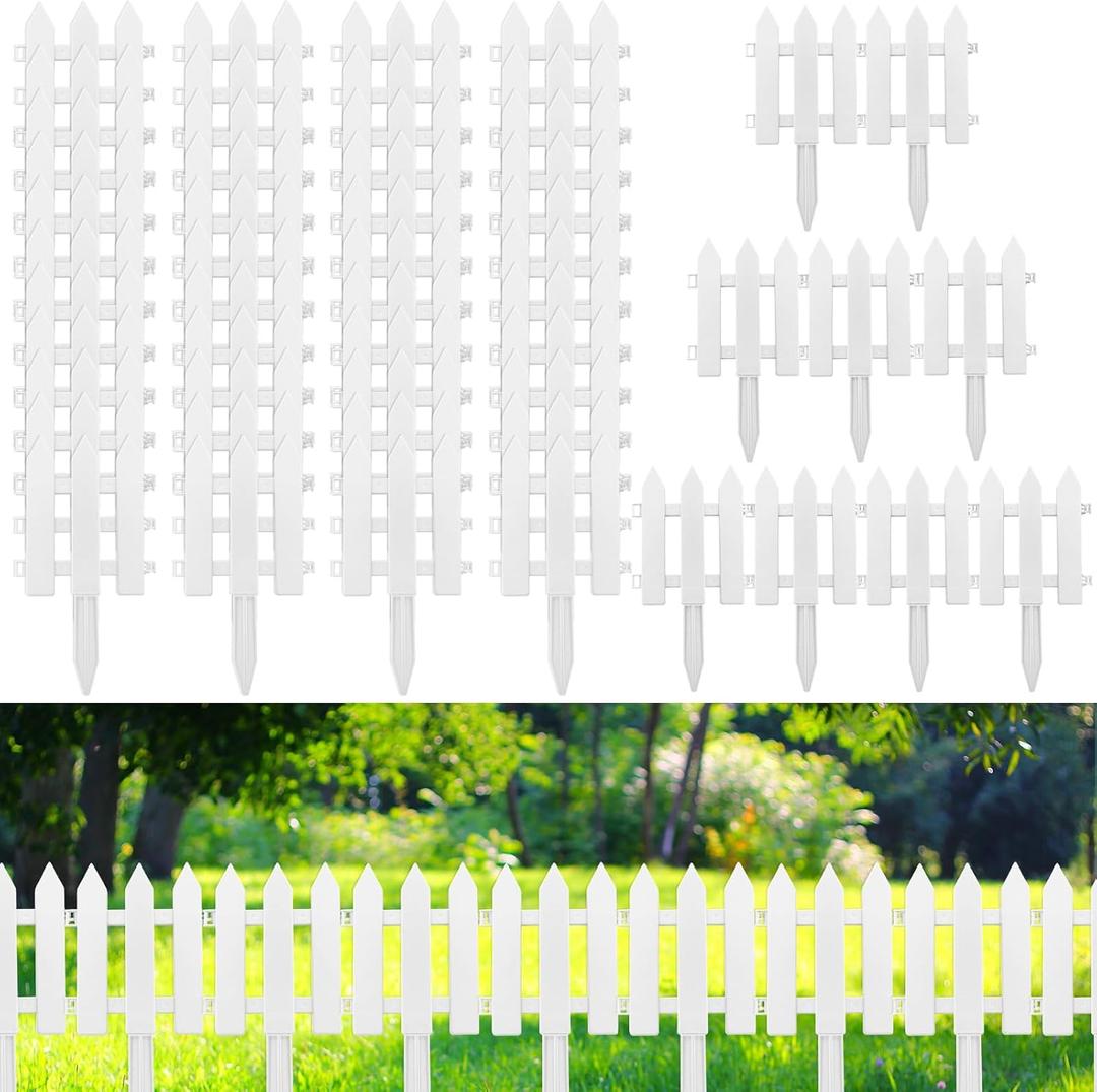 24 Pack White Garden Fence with 24 Insert Lawn Picket Fence Garden Border Decorative Plastic Panels for Landscape Path Flowerbeds Plant Yard, 6.69'' L x 7.87'' H