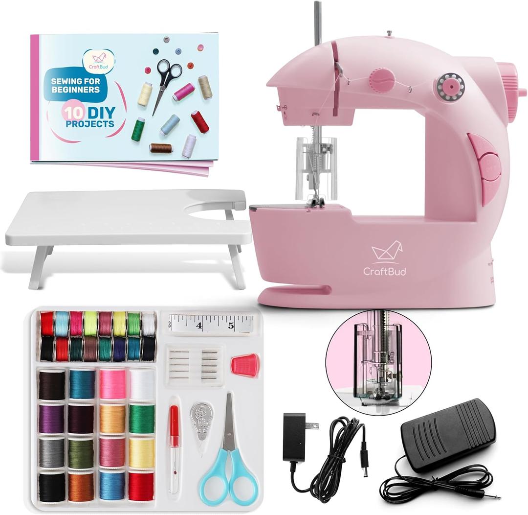 CraftBud Mini Sewing Machine for Beginners, Dual Speed Small Portable Sewing Machine for Kids and Adults with Extension Table, 48 Piece Gift Set Includes, Pedal, Projects Book, Light and More, Pink