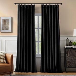 Pinch Pleated 100% Blackout Curtains for Bedroom, Black Velvet Curtains for Living Room, Black Out Curtain 84 inch Long Room Darkening, Blackout Pinch Pleat Drapes with Hooks 2 Panels