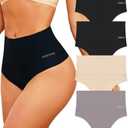 FINETOO Women Underwear High Waisted Thongs Tummy Control Seamless Thongs Shapewear No Show Panties 4 Pack Size Large