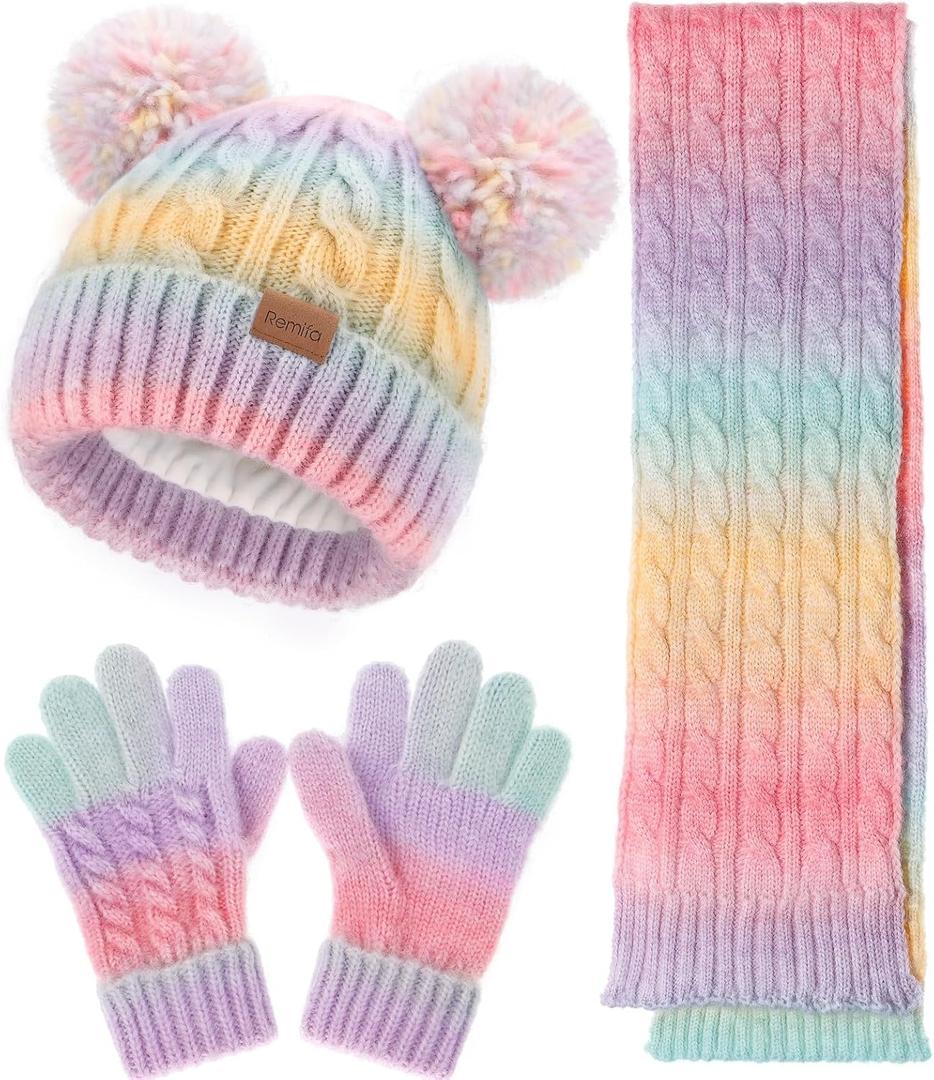 Kids Winter Hat Scarf Gloves Set, Toddler Girl Boy 8% Wool Fleece Lined Pom Beanie Knit Neck Mittens Children Christmas Gifts