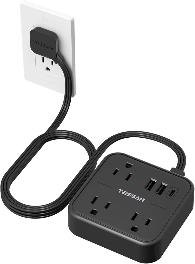TESSAN Surge Protector Power Strip Black, 5 Ft Flat Plug Extension Cord with 3 USB (1 USB C) 8 Outlets, 900J Surge Protection, 3 Sided Outlet Extender with Power Switch for Office, Dorm Room