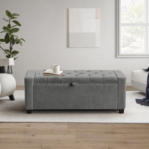 GRAINELL Storage Ottoman Bench, Upholstered Tufted Bedroom Bench with Storage, End of Bed Storage Bench for Living Room & Entryway, 350 lb Capacity, Linen Light Gray, 15.35 x 43.3 x 23 inches
