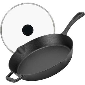 12 Inch Long Handle Cast Iron Skillet with Glass Lid, 6.37lbs (Pre-seasoned)