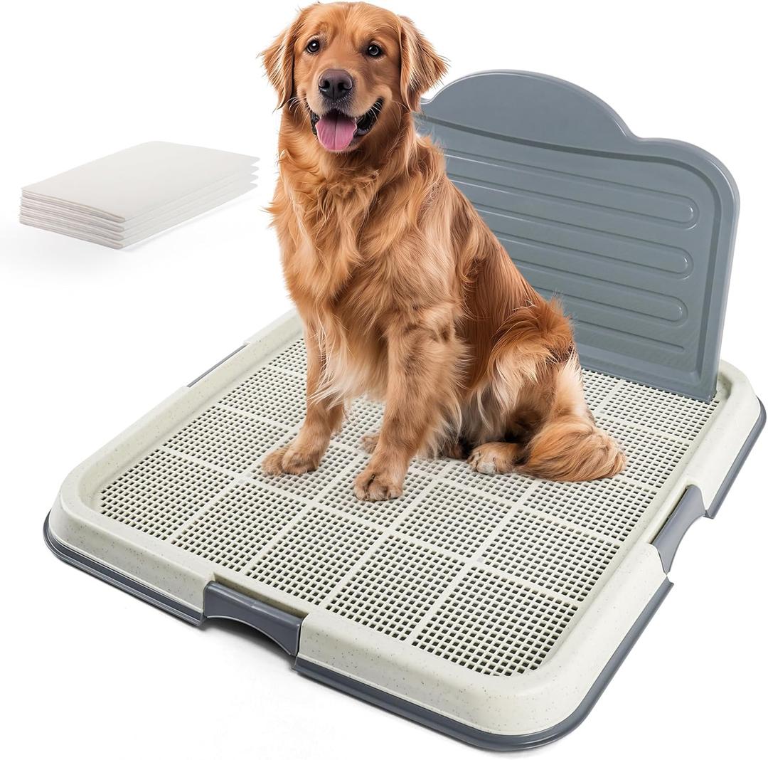 Dog Pee Pad Holder with High Wall, Large Puppy Potty Training Tray with Mesh Grid & Splash Guard, 23.6 x 23.6 Indoor Dog Litter Box, Includes 4 Disposable Pee Pads