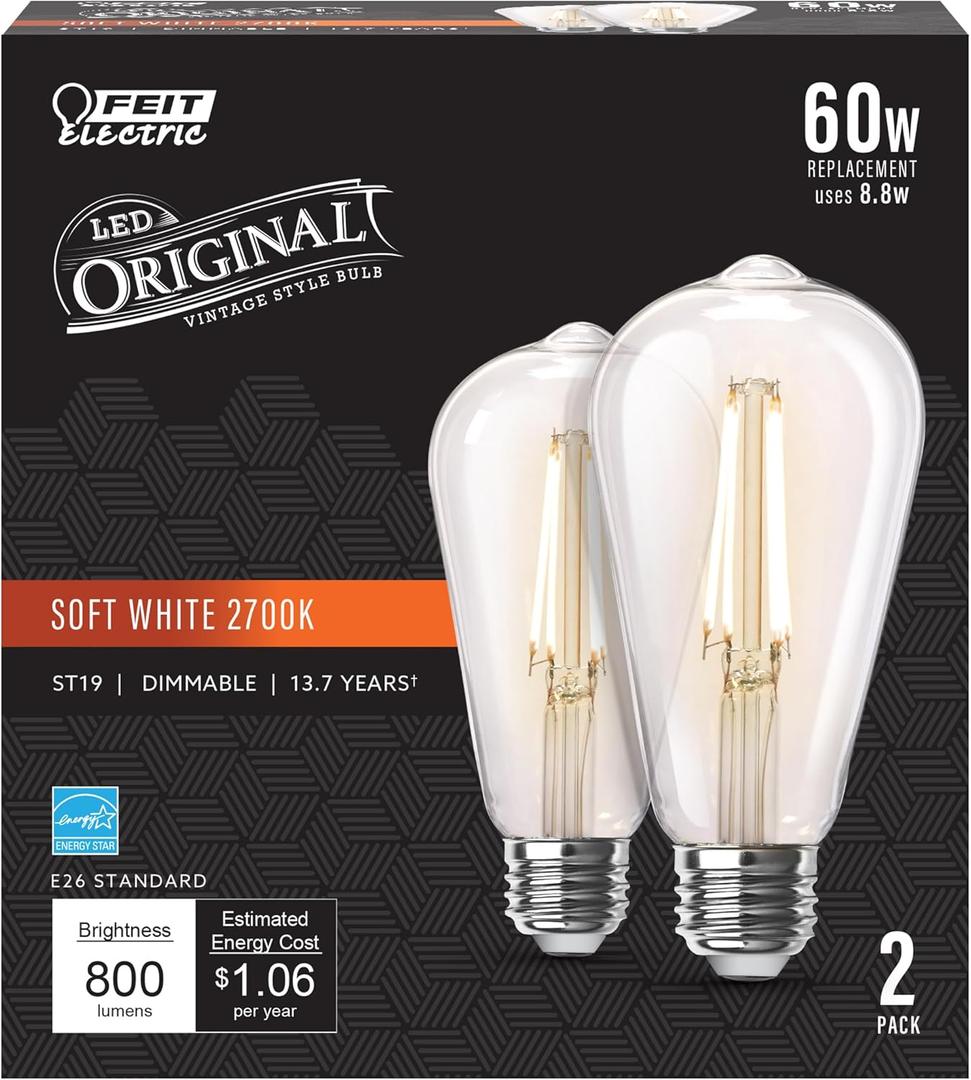 Feit Electric ST19 Vintage Edison LED Light Bulb, 60W Equivalent, Dimmable, 2700K Soft White, 800 Lumens, E26 Base, Retro Filament Light Bulbs, 15,000-Hour Lifetime, ST1960/CL/927CA/2, 2 Pack