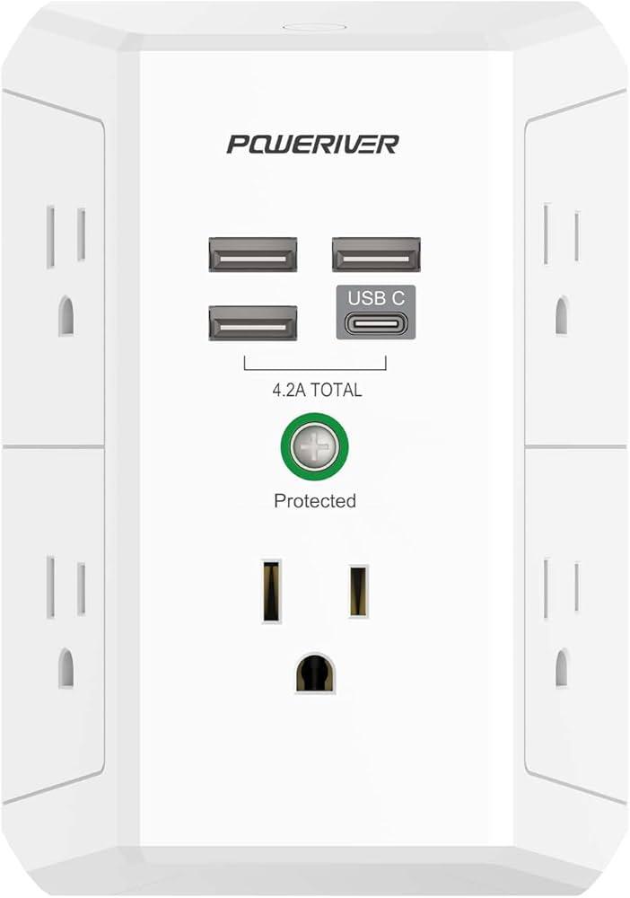 Powericer- Charging Ports, Multi Plug Outlet Extender, 5Ft Braided Extension Cord, Flat Plug Wall Mount Desk Charging Station for Home Office ETL