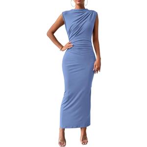 BTFBM Women Ruched Bodycon Maxi Dresses Summer Casual Sleeveless Lightweight Slit Elegant Cocktail Wedding Guest Dress (Medium, Blue)
