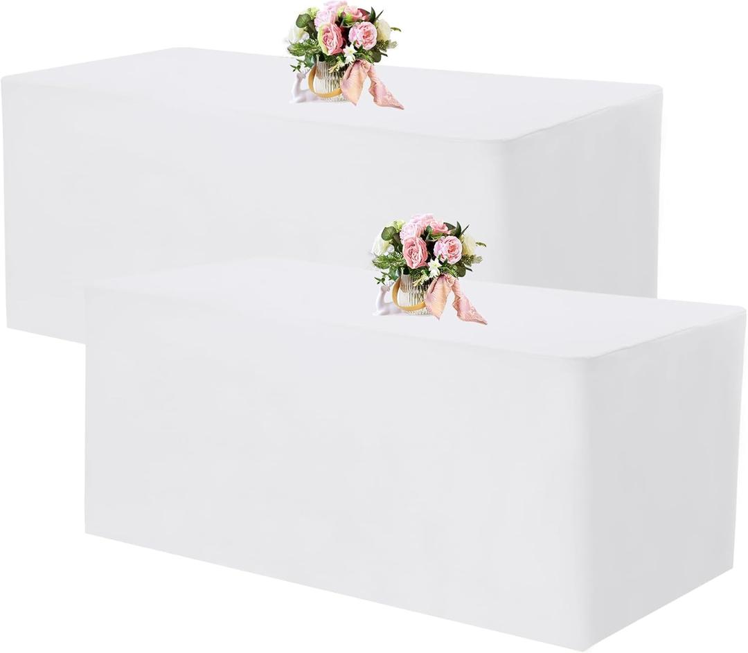 Fivenl 2 Pack Fitted Tablecloths 72 x 30 Inch, White Rectangle Table Clothes for 6 Foot Tables, Washable Polyester Fabric Table Cover for Parties, Wedding, Banquet, Trade Show
