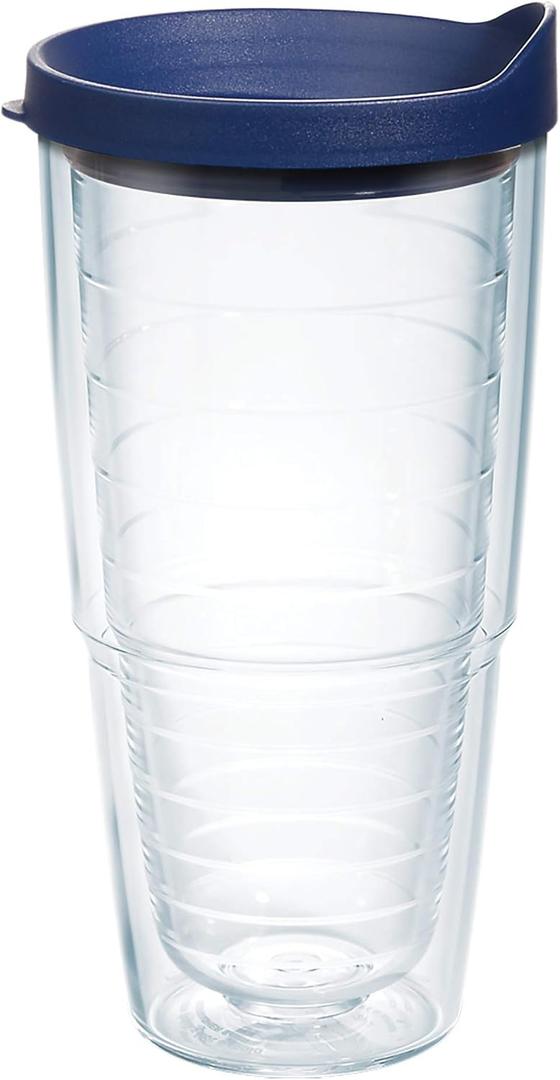 Tervis Made in USA Double Walled Clear & Colorful Lidded Insulated Tumbler Cup Keeps Drinks Cold & Hot, 24oz, Navy Lid