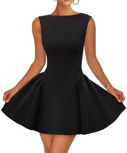 ZESICA Women's 2025 Summer Sleeveless Cocktail Mini Dress Boat Neck Backless Swing A Line Wedding Club Party Short Dresses M