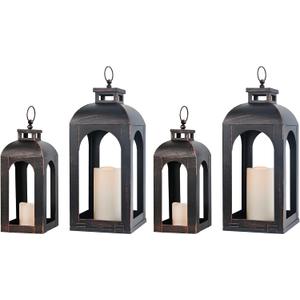 LED Lantern Decorative Outdoor&Indoor, Set of 4 (17’’&13’’) Black Metal Lanterns Decor, Vintage Hanging Candle Holder for Home Porch Wedding Halloween Christmas Decorations Battery Powered