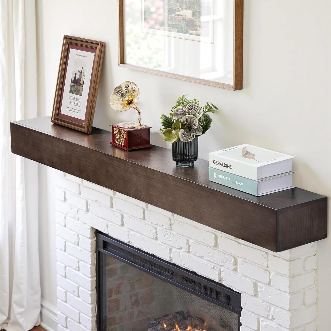 Fireplace Mantel Shelf with Concealed Brackets, Handcrafted in Farmhouse-Style Wood, Designed Wall-Mounted Floating Shelf,Suitable for Bedroom Living Room Mantel Decor,(Ash Black60in)