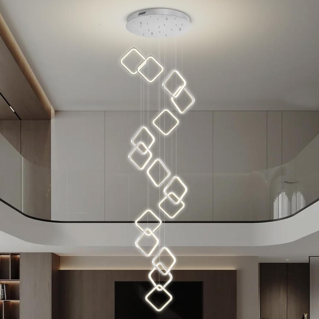 H 138 LED Ring Chandelier 15-Lights Chandeliers for High Ceiling Large Pendant Light for Foyer Villa Living Room Entryway (Silver Square)