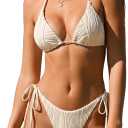 ZAFUL Bikini Sets for Women Halter Two Piece Swimsuit Ribbed High Cut Tie Side Thong Bathing Suit Sexy Padded Swimwear (Beige) XS 