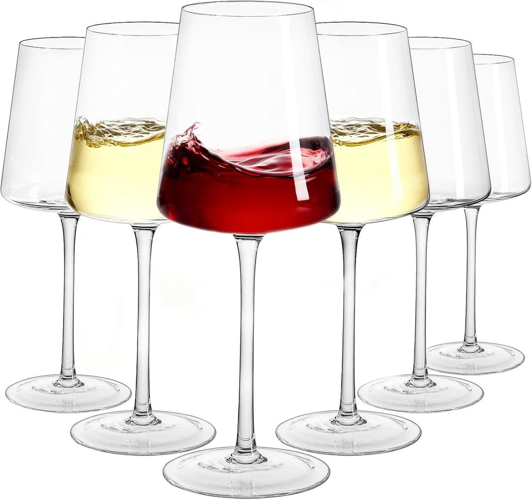 Red Wine Glasses Set of 6, 13.5oz Clear Lead-Free Crystal Hand Blown Long Stem Square White Wine Glasse with Gift Box for Wedding Birthday Party Christmas