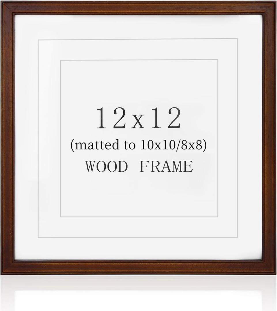 SNAPSHOT 12x12 Picture Frame, Natural Walnut Wood Photo Frame Set with Real HD Glass for Pictures 10x10/8x8 with Mat or 12x12 Without Mat, Gallery Poster Frame for Wall or Tabletop