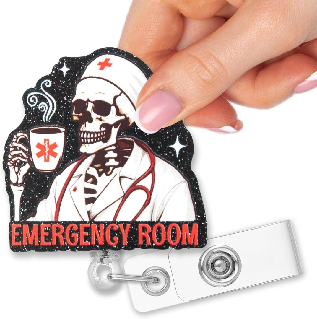 2 x Retractable Emergency Room Badge Reel with Clip, Funny Glitter Skeleton Badge Holder Gifts for ED ER Nurses Doctors Emergency Room Crew Team Night Shift Coffee Lover, Er Nurse Grad Gifts