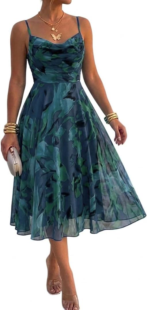 CHICME Womens Floral Mesh Midi Dress 2026 Summer Cowl Neck Adjustable Strap A Line Cinched Zipper Back Cocktail Party Dress (Blue, L)