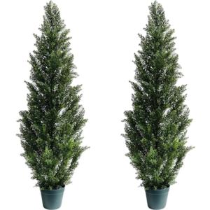 4 Feet Outdoor Artificial Topiary Cedar Tree, Set of 2 UV Resistant Potted Faux Cedar Trees for Outdoors and Indoors, Decorative Fake Shrubs Topiary Trees for Home Living Room Front Door Decor (Green)