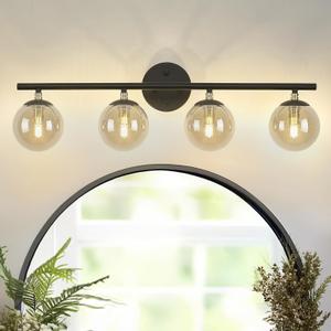 LMS 4-Light Matte Black Vanity Light, Modern Bathroom Lighting Over Mirror, Black and Brass Gold Finish with Globe Glass Shade, LMS-116-4