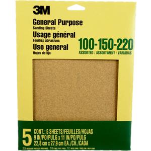3M Aluminum Oxide Sandpaper, 5 Sheets, Assorted Grit 100-150-220, 9-in x 11-in, Multi-Purpose Abrasive Sanding Paper, For General Purpose Sanding On Paint, Wood and Metal (9005NA)