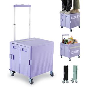 Folding Utility Cart Portable Rolling Crate Handcart Shopping Trolley Collapsible Tool Box, with Lid, on Rotate Wheels, for Grocery, Shopping, Office, Teacher, Camp,File (Purple)