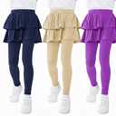 Resinta 3 Pack Girls School Uniform Pants Girls Leggings with Skirt Winter Warm Leggings 4-14 Years (9-10 Years, Purple, Navy, Khaki)