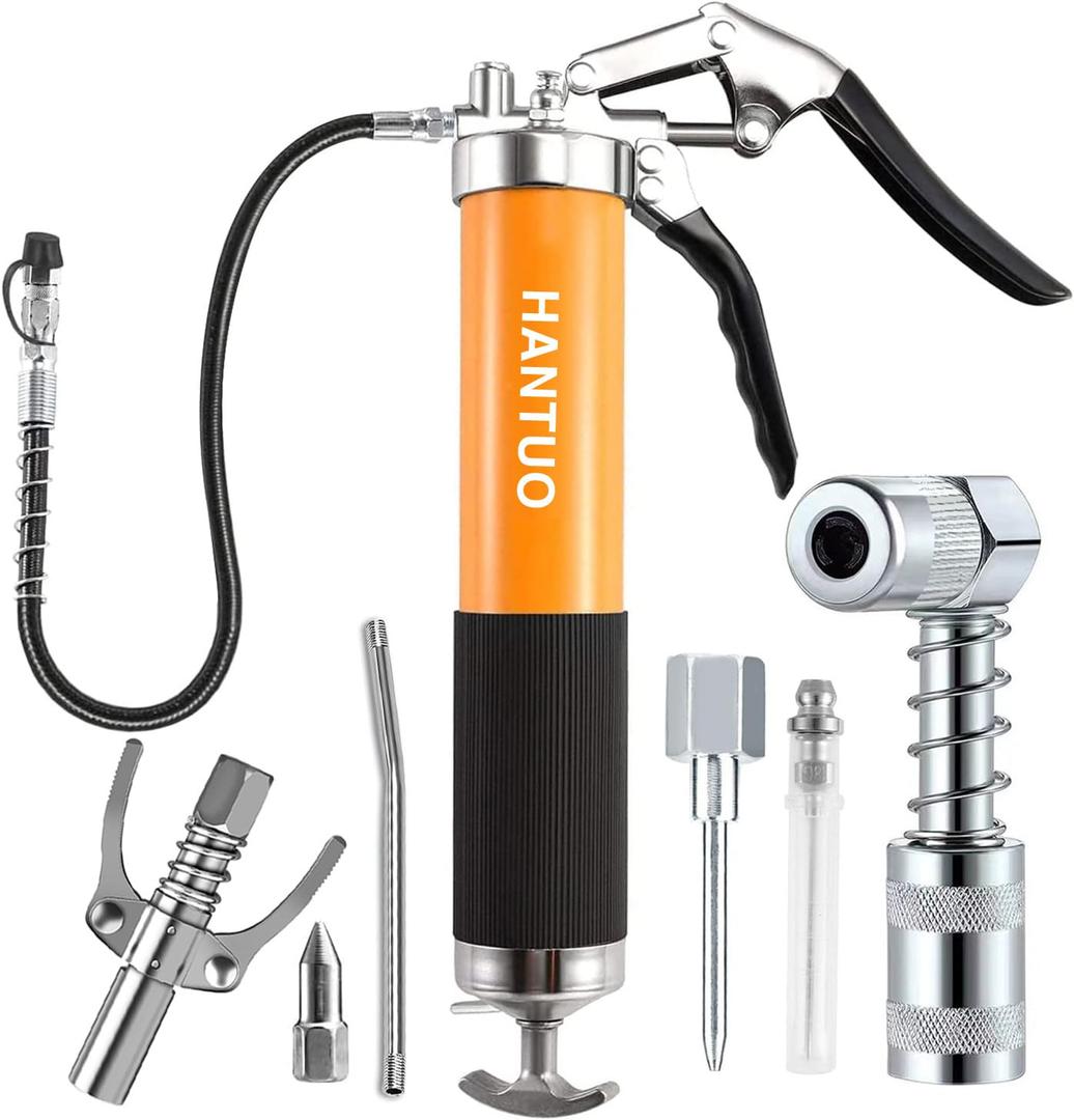 Grease Gun with Quick Release Coupler, 8000 PSI Heavy Duty Professional Pistol Grip Grease Gun Kit 14 OZ Capacity with Coupler, Double Injector Needles, 90 Adapter