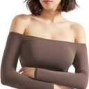 SUUKSESS Women Off the Shoulder Long Sleeve Bodysuit Double Lined Thong Bodysuit (Brown, M)