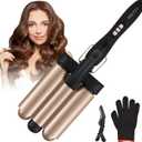3 Barrel Curling Iron Wand, 1.25 Inch Ceramic Tourmaline Triple BarrelsTemperature Adjustable Portable Crimper Hair Iron for Beach Waves, Hair Waver Heats Up Quickly with LCD Temp DisplayRose Gold